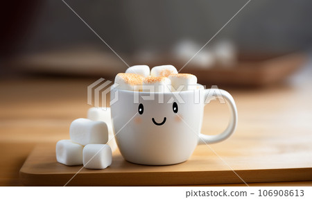 Super cute mug with smiley face and hot chocolate and marshmallows,Hot winter drink. Cup of hot chocolate with marshmallows Copy space, selective focus Super cute mug with smiley face and hot chocolate and marshmallows,Hot winter drink. Cup of hot chocolate with marshmallows Copy space, selective focus 106908613