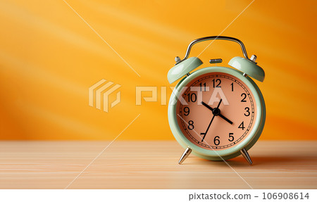 Red vintage alarm clock on colorful pastel bright background with copy space, yellow,orange colored. Minimalism creative layout Red vintage alarm clock on colorful pastel bright background with copy space, yellow,orange colored. Minimalism creative layout 106908614
