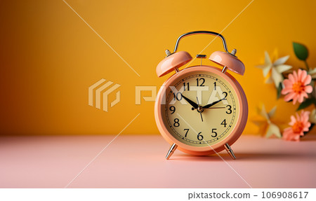Red vintage alarm clock on colorful pastel bright background with copy space, yellow,orange colored. Minimalism creative layout Red vintage alarm clock on colorful pastel bright background with copy space, yellow,orange colored. Minimalism creative layout 106908617