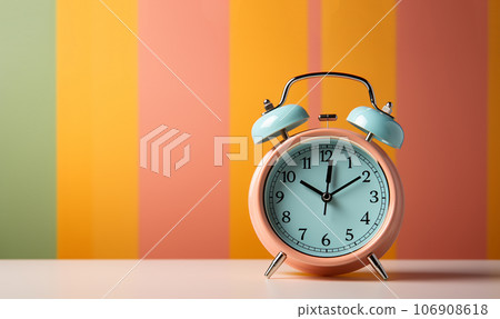 Red vintage alarm clock on colorful pastel bright background with copy space, yellow,orange colored. Minimalism creative layout Red vintage alarm clock on colorful pastel bright background with copy space, yellow,orange colored. Minimalism creative layout 106908618