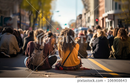 environmentalists demonstrating sitting on the road against automobile industry gas,pollution. Blocking the road for cars Global Climate Activist 106908643