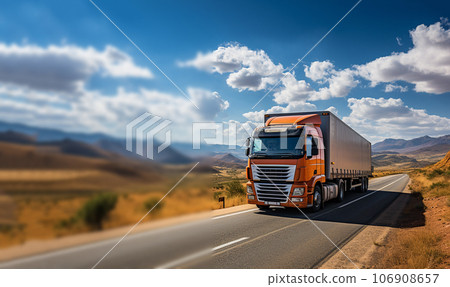Truck driving on the asphalt road in rural landscape sunny day with blue sky. Alone on the Freeway pulling load. Transportation,cars, theme 106908657