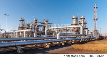 Eco-friendly transmission of energy resources over long distances. Pipeline and distribution station in the background. 106908684