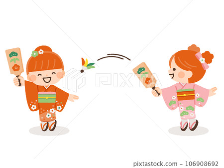兩個穿著和服和羽子板玩耍的女孩插畫素材 兩個穿著和服和羽子板玩耍的女孩插畫素材 106908692