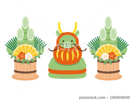 Illustration material of Daruma dragon riding on Kadomatsu and cushion 106908699