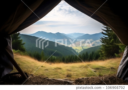 View from tourist tent to the mountain valley at sunny summer morning, neural network generated picture 106908702