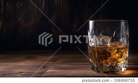 Whiskey on rocks in glass on rustic wooden background with copy space, neural network generated image 106908710