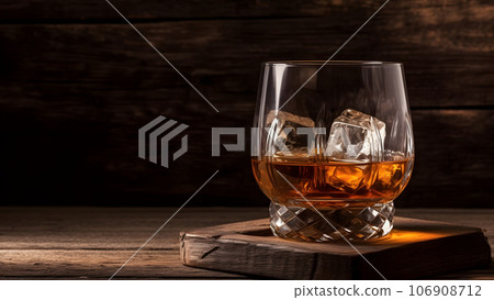 Whiskey on rocks in glass on rustic wooden background with copy space, neural network generated image 106908712