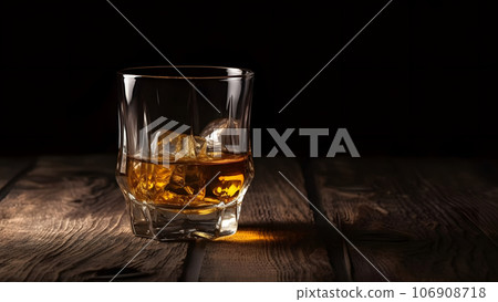 Whiskey on rocks in glass on rustic wooden background with copy space, neural network generated image Whiskey on rocks in glass on rustic wooden background with copy space, neural network generated image 106908718