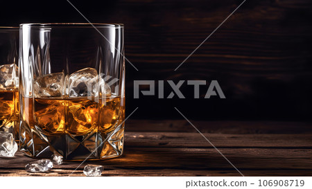 Whiskey on rocks in glass on rustic wooden background with copy space, neural network generated image Whiskey on rocks in glass on rustic wooden background with copy space, neural network generated image 106908719