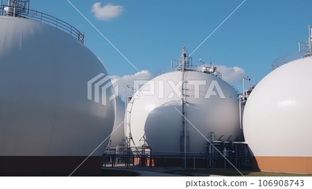 white spherical tanks for storing hydrogen gas at outdoor storage facility, neural network generated image white spherical tanks for storing hydrogen gas at outdoor storage facility, neural network generated image 106908743
