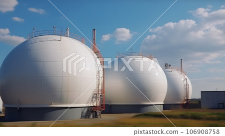 white spherical tanks for storing hydrogen gas at outdoor storage facility, neural network generated image 106908758