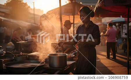 thai woman selling pho at evening street market, neural network generated image 106908759