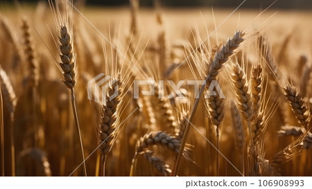 Spikes of ripe wheat at sunny day, close-up with selective focus, neural network generated image Spikes of ripe wheat at sunny day, close-up with selective focus, neural network generated image 106908993