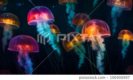 glowing sea jellyfishes on dark background, neural network generated image 106908997