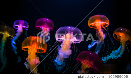 glowing sea jellyfishes on dark background, neural network generated image 106909006