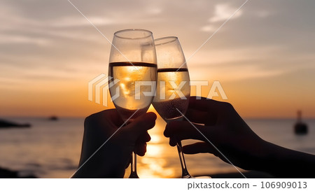 Hands holding champagne glasses over the sea. Romantic vacation, neural network generated image 106909013