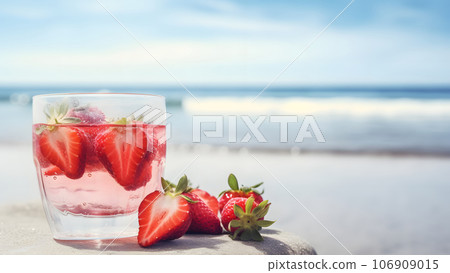 A glass of strawberries cold refreshing drink on sea background at sunny summer day, neural network generated image 106909015