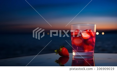 One glass of strawberries cold refreshing drink on sea background at summer evening, neural network generated image One glass of strawberries cold refreshing drink on sea background at summer evening, neural network generated image 106909019