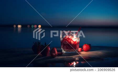 One glass of strawberries cold refreshing drink on sea background at summer evening, neural network generated image One glass of strawberries cold refreshing drink on sea background at summer evening, neural network generated image 106909026