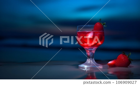 One glass of strawberries cold refreshing drink on sea background at summer evening, neural network generated image One glass of strawberries cold refreshing drink on sea background at summer evening, neural network generated image 106909027