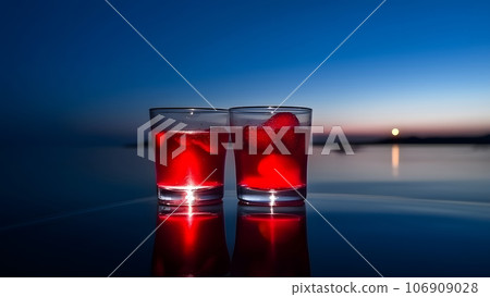 Two glasses of strawberries cold refreshing drink on sea background at summer sunset, neural network generated image 106909028