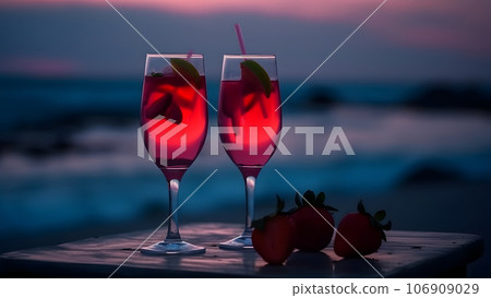 Two glasses of strawberries cold refreshing drink on sea background at summer evening, neural network generated image 106909029
