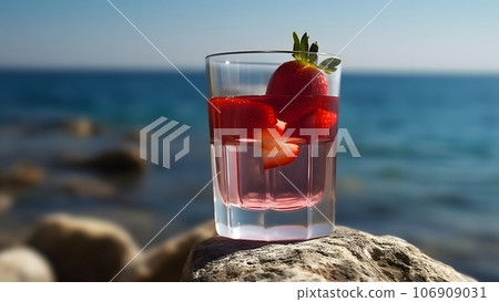 A glass of strawberries cold refreshing drink on sea background at sunny summer day, neural network generated image A glass of strawberries cold refreshing drink on sea background at sunny summer day, neural network generated image 106909031