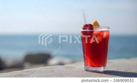 A glass of strawberries cold refreshing drink on sea background at sunny summer day, neural network generated image 106909032