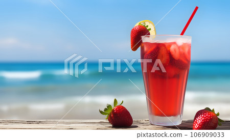 A glass of strawberries cold refreshing drink on sea background at sunny summer day, neural network generated image 106909033