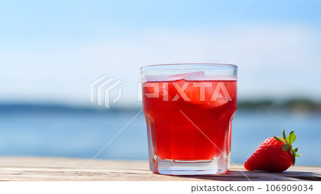 A glass of strawberries cold refreshing drink on sea background at sunny summer day, neural network generated image A glass of strawberries cold refreshing drink on sea background at sunny summer day, neural network generated image 106909034