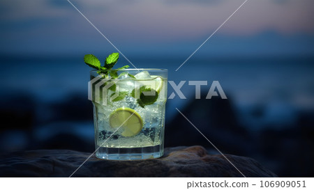 a glass of refreshing green mint mojito summer drink on sea background at summer evening, closeup with selective focus and copy space, neural network generated image 106909051