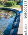 一個孩子看著錦鯉池 106909125