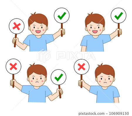 little boy holding right or wrong sign. true or false concept illustration little boy holding right or wrong sign. true or false concept illustration 106909130