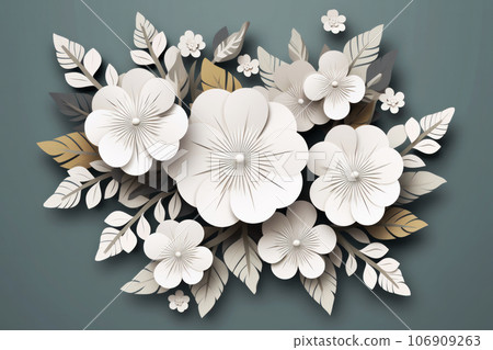 White paper cut spring flower bouquet composition on dark background. Generative AI White paper cut spring flower bouquet composition on dark background. Generative AI 106909263