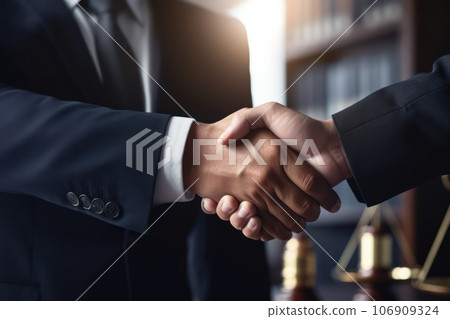 Cropped photo of a businessman shaking hands to seal a deal with his partner lawyers or attorneys discussing a contract agreement. Cropped photo of a businessman shaking hands to seal a deal with his partner lawyers or attorneys discussing a contract agreement. 106909324