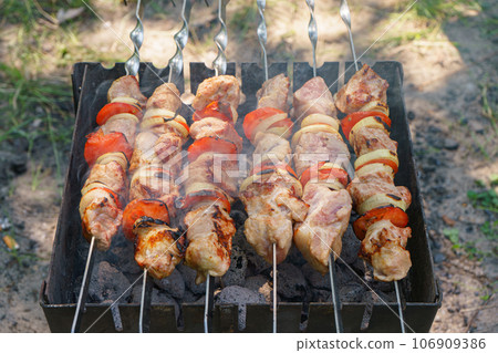 Grilled pieces of meat on skewers, shish kebab with vegetables, cooking process on brazier 106909386