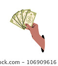 Hand holds dollar bills. Concept of financial operation. Payment and Cash back. Money investment and business commerce. 106909616