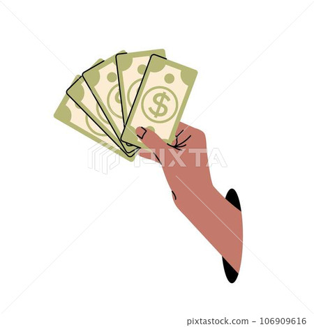 Hand holds dollar bills. Concept of financial operation. Payment and Cash back. Money investment and business commerce. 106909616