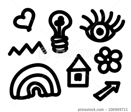 Doodle sketch. Hand drawn heart, lamp and flower. Stock vector black and white outline illustration. 106909721