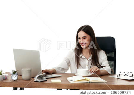 beautiful female manager using laptop computer for online work 106909724