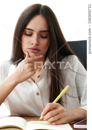 beautiful businesswoman in white shirt taking notes 106909732