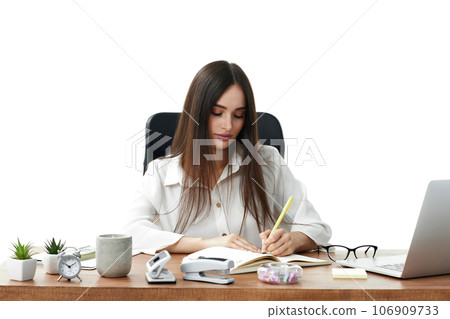 beautiful businesswoman in white shirt taking notes 106909733