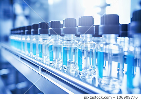 Medical bottles with medicine on a production line conveyor. 106909770