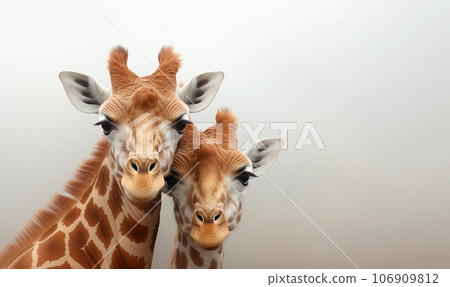 Two Giraffes embracing in Africa with copy space. doing necking parade in South Africa Specie Giraffa camelopardalis family of Giraffidae in colorful sky 106909812