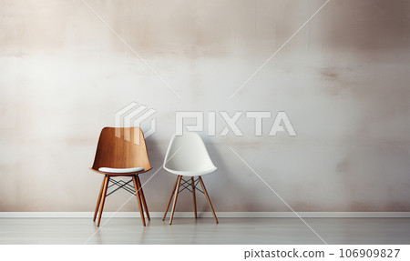 Stylish chairs by concrete modern wall. Scandinavian design.minimalism,with copy space on the wall.Modern office room scandi style.Interior desing living room or creative office 106909827