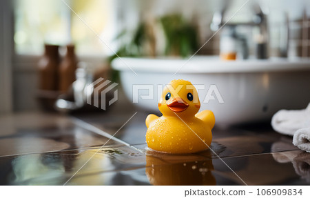 Yellow Rubber duck. Funny kids inflatable toy by bathtub with copy space, bathroom decoration concept Yellow Rubber duck. Funny kids inflatable toy by bathtub with copy space, bathroom decoration concept 106909834