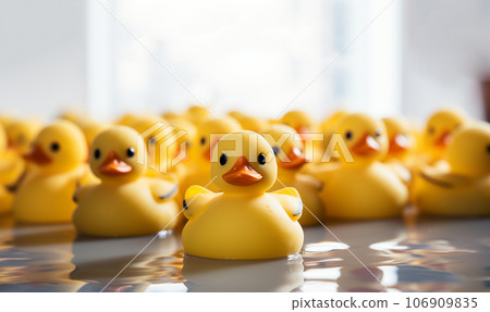 Yellow Rubber duck. Funny kids inflatable toy by bathtub with copy space, bathroom decoration concept Yellow Rubber duck. Funny kids inflatable toy by bathtub with copy space, bathroom decoration concept 106909835