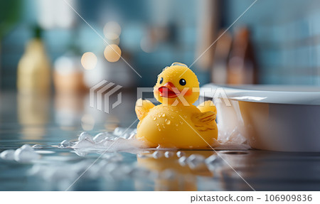 Yellow Rubber duck. Funny kids inflatable toy by bathtub with copy space, bathroom decoration concept 106909836