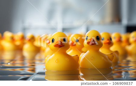 Yellow Rubber duck. Funny kids inflatable toy by bathtub with copy space, bathroom decoration concept Yellow Rubber duck. Funny kids inflatable toy by bathtub with copy space, bathroom decoration concept 106909837